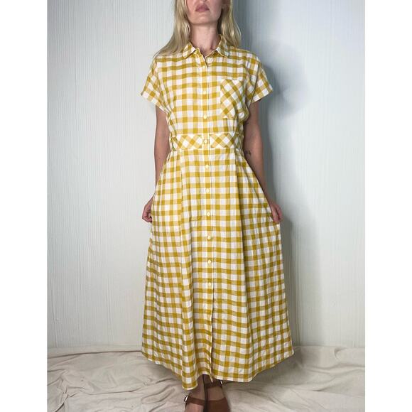 WHISTLES Illana Checkered Mustard & Cream Maxi Shirt Dress US 8 - Picture 4 of 11